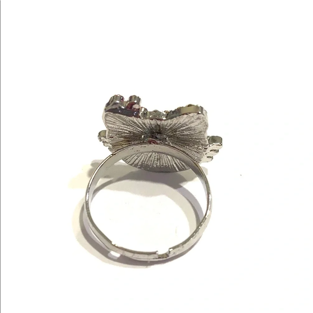 Hello Kitty Ring Silver Tone Rhinestones Fuchsia Pink Bow Adjustable Band - Picture 2 of 2